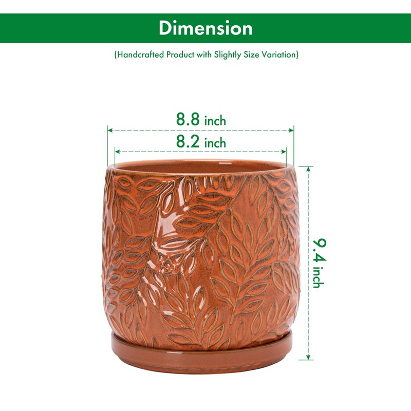 D'vine Dev 8 Inch Embossed Leaves Stoneware Planter Pot with Drainage Hole and Saucer, Pumpkin, 27-A-Q-J - Image 3