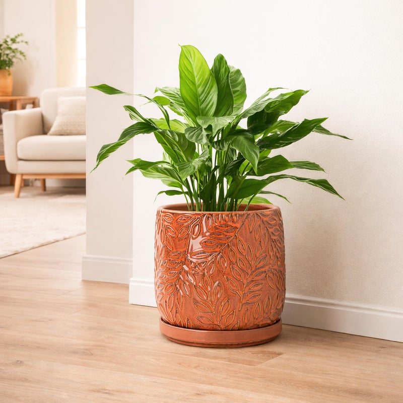 D'vine Dev 8 Inch Embossed Leaves Stoneware Planter Pot with Drainage Hole and Saucer, Pumpkin, 27-A-Q-J - Image 2
