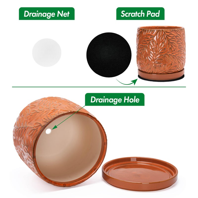 D'vine Dev 8 Inch Embossed Leaves Stoneware Planter Pot with Drainage Hole and Saucer, Pumpkin, 27-A-Q-J - Image 4