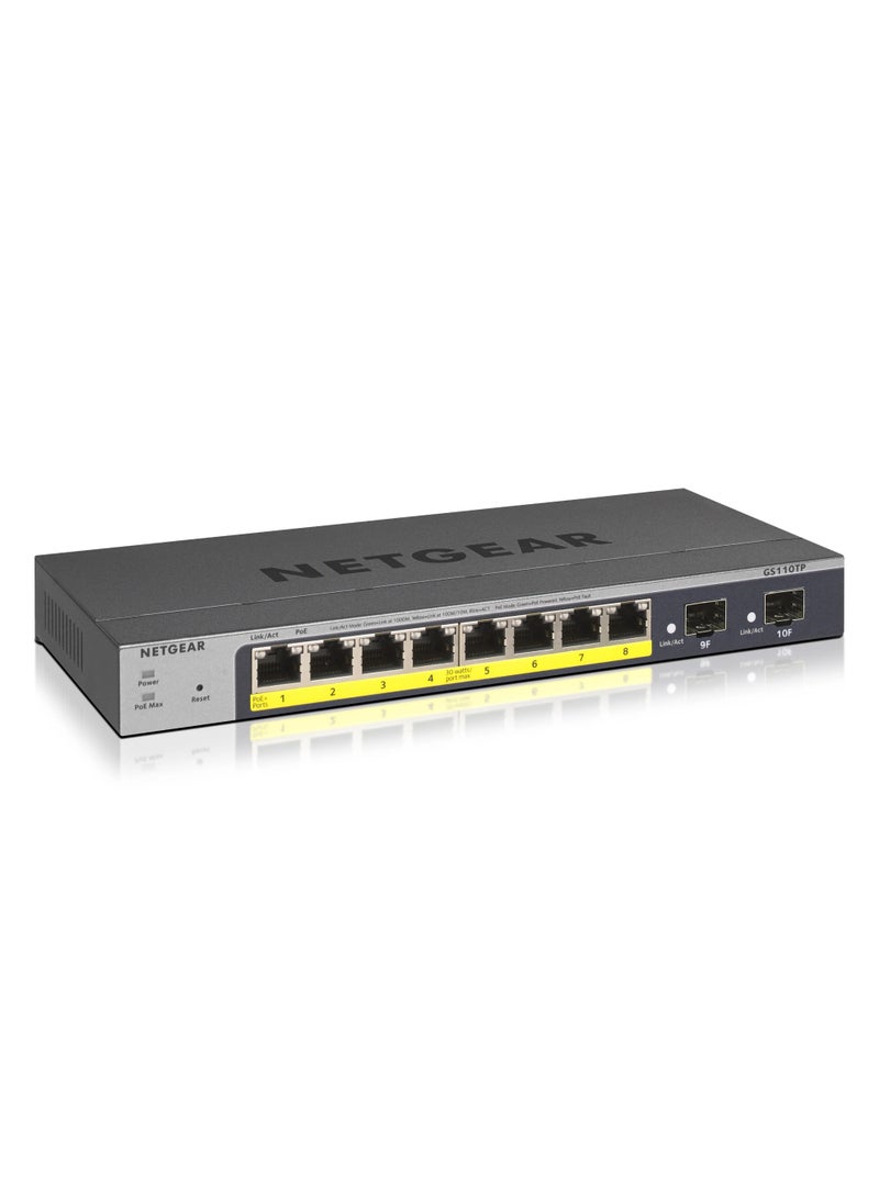 محول شبكة NETGEAR GS110TP ذكي مُدار، 8 منافذ جيجابت مع PoE+ ومنفذي SFP، بميزانية طاقة 55 واط