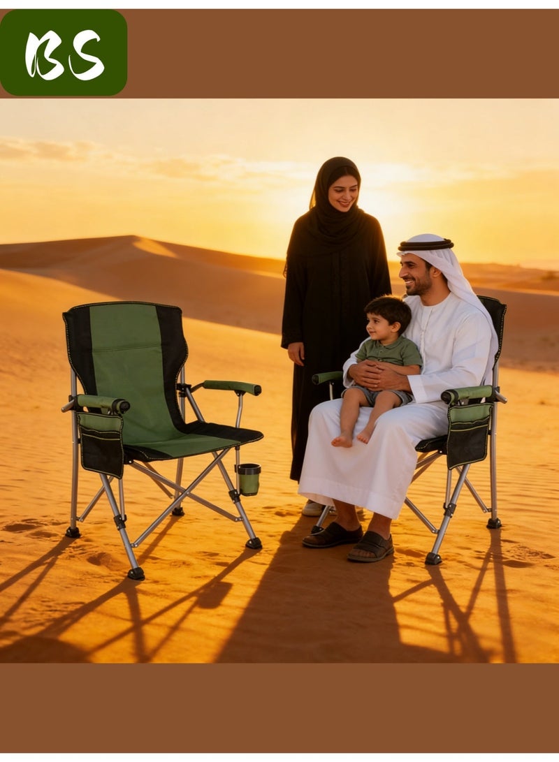 BS （Outdoor Survival Chair）Portable outdoor chair | Folding camping chair | Folding travel chair | Lightweight folding chair | Green folding camping chair with cup holder and padded seat | Beach chair | Picnic chair | Camping accessories | Weight capacity: 440 lbs | High-back lawn chair. - Image 1