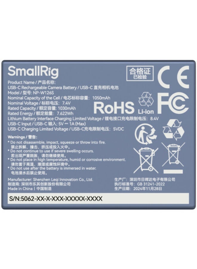 SmallRig NP-W126S USB-C Rechargeable Camera Battery 5062 - Image 2