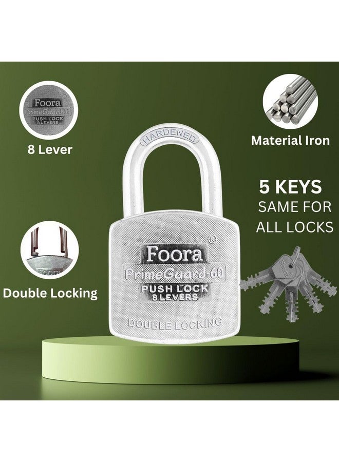 Foora PrimeGuard 60 Push Double Locking Padlock with Zinc Body and 5 Two-Way Keys - Heavy-Duty Door, Gate, and Shutter Lock - Secure Home and Business - Silver Finish - Image 2