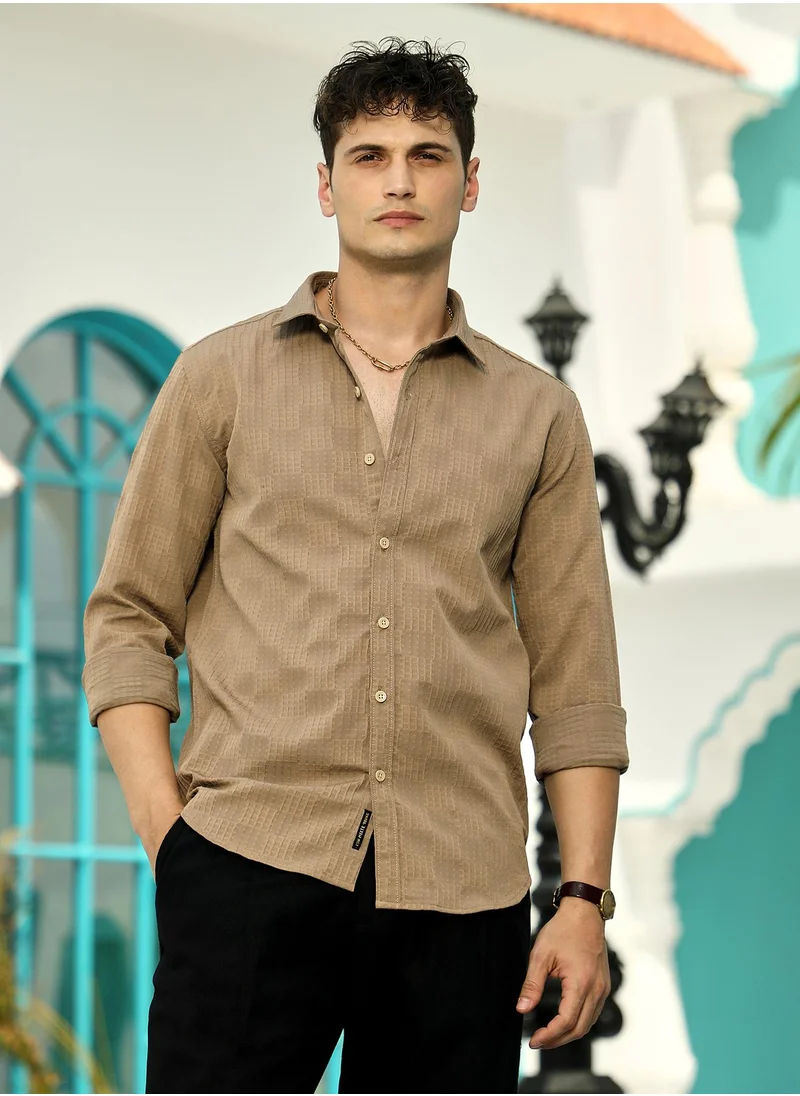 Campus Sutra Men's Ash Brown Grid-Check Tactile Shirt
