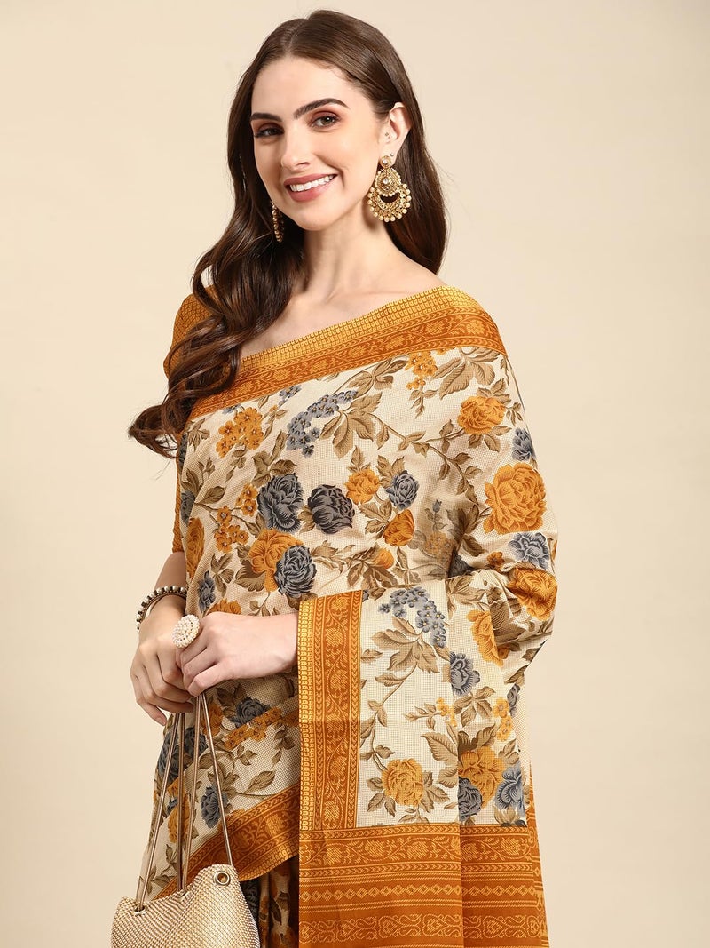 RATAN Pure Cotton Printed Mulmul Saree for Women with Blouse Piece (GDBT-BP-1047-MUST_Mustard Yellow) - Image 3