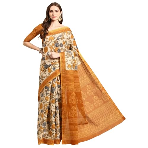 RATAN Pure Cotton Printed Mulmul Saree for Women with Blouse Piece (GDBT-BP-1047-MUST_Mustard Yellow) - Image 1
