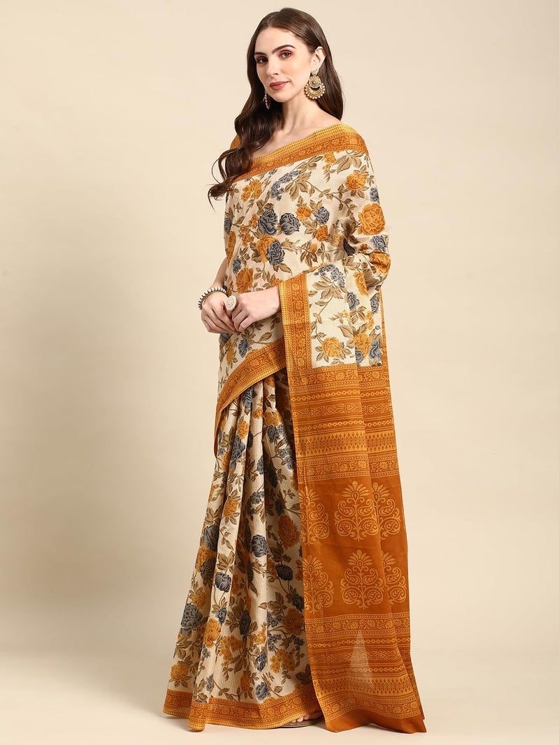 RATAN Pure Cotton Printed Mulmul Saree for Women with Blouse Piece (GDBT-BP-1047-MUST_Mustard Yellow) - Image 4
