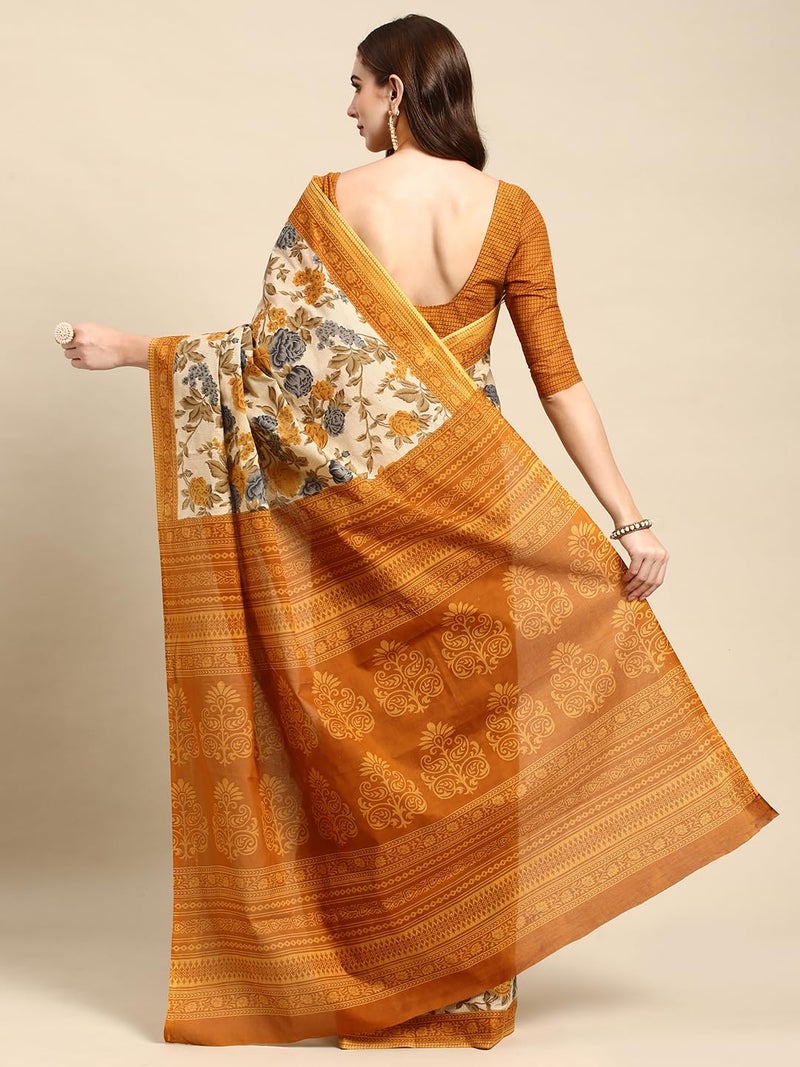 RATAN Pure Cotton Printed Mulmul Saree for Women with Blouse Piece (GDBT-BP-1047-MUST_Mustard Yellow) - Image 2