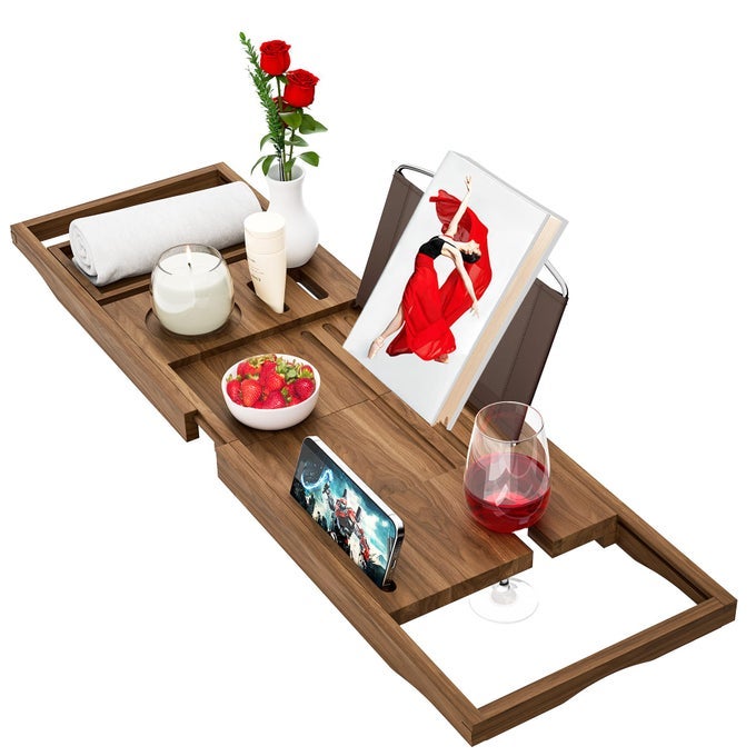 PREMIUM TEAK BATHTUB TRAY CADDY WOODEN BATH CADDY TRAYS FOR BATHTUB BATH TUB WOOD TRAY TABLE FOR TUBEXPANDABLE SIZE FITS MOST BATH TUBS