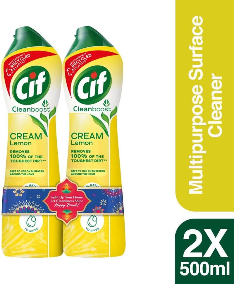 CIF Lemon Abrasive Surface Cleaner Cream for Kitchen & Bathroom, Removes Grease, Dirt & Tough Stains with Natural Cleaning Particles, 2x500ml - Image 1