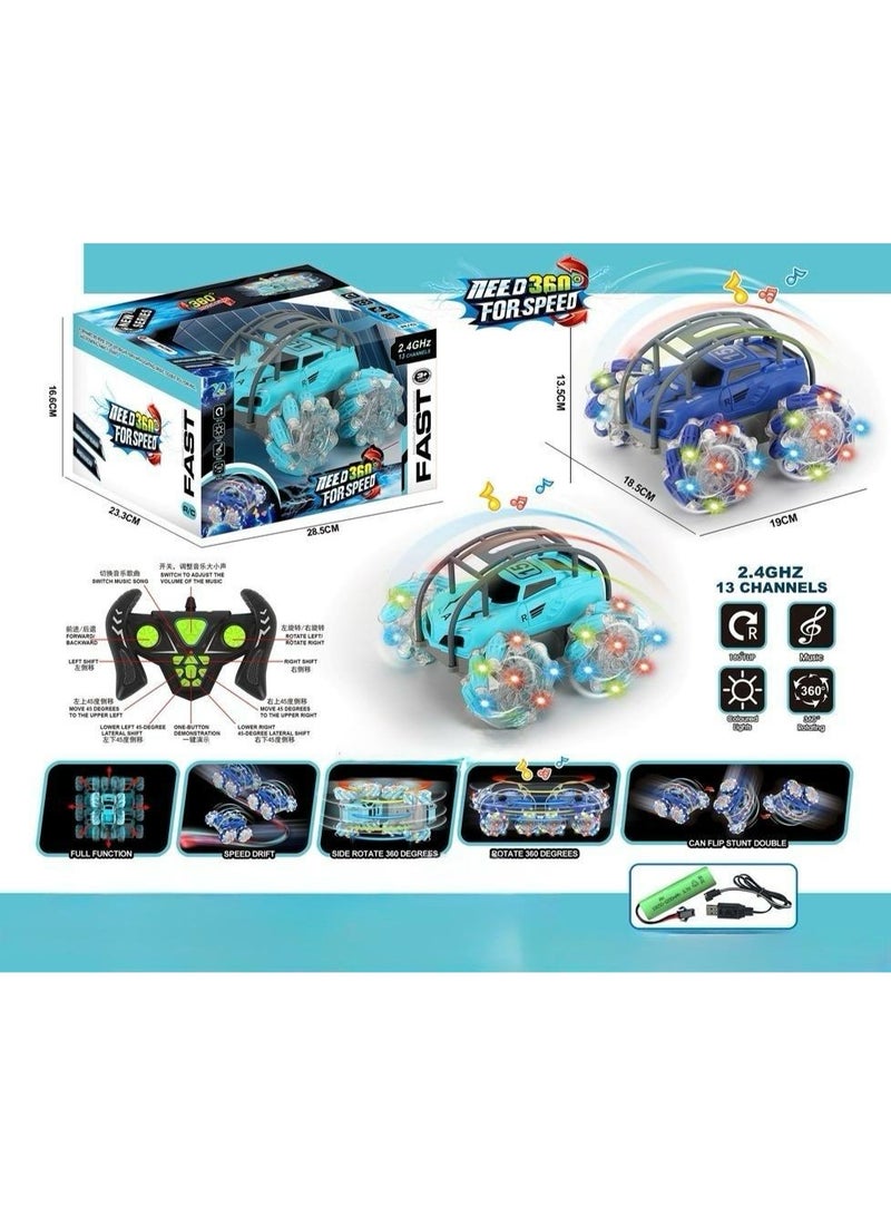توي لاند سيارة دريفت استعراضية تعمل بجهاز تحكم عن بعد، مزودة بإضاءة LED وموسيقى، دوران 360 درجة، لعبة تحكم عن بعد بتردد 2.4 جيجاهرتز، 13 قناة، قابلة لإعادة الشحن عبر منفذ USB - لون أزرق فاتح - Image 3