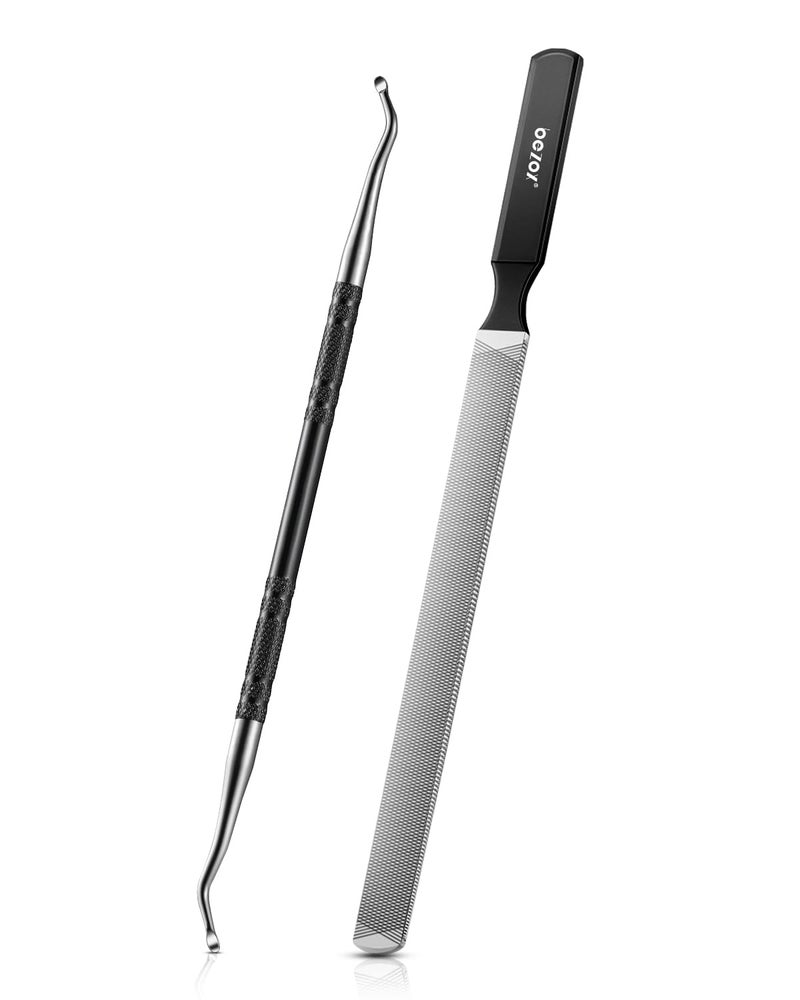 BEZOX Long Metal Nail File, Stainless Steel Fingernail File for Thick and Fungal Nails with Dual-Ended Toenail Lifter â€“ The Ultimate Manicure & Pedicure Tool for Men and Womenâ€™s Nail Care - Black - Image 1