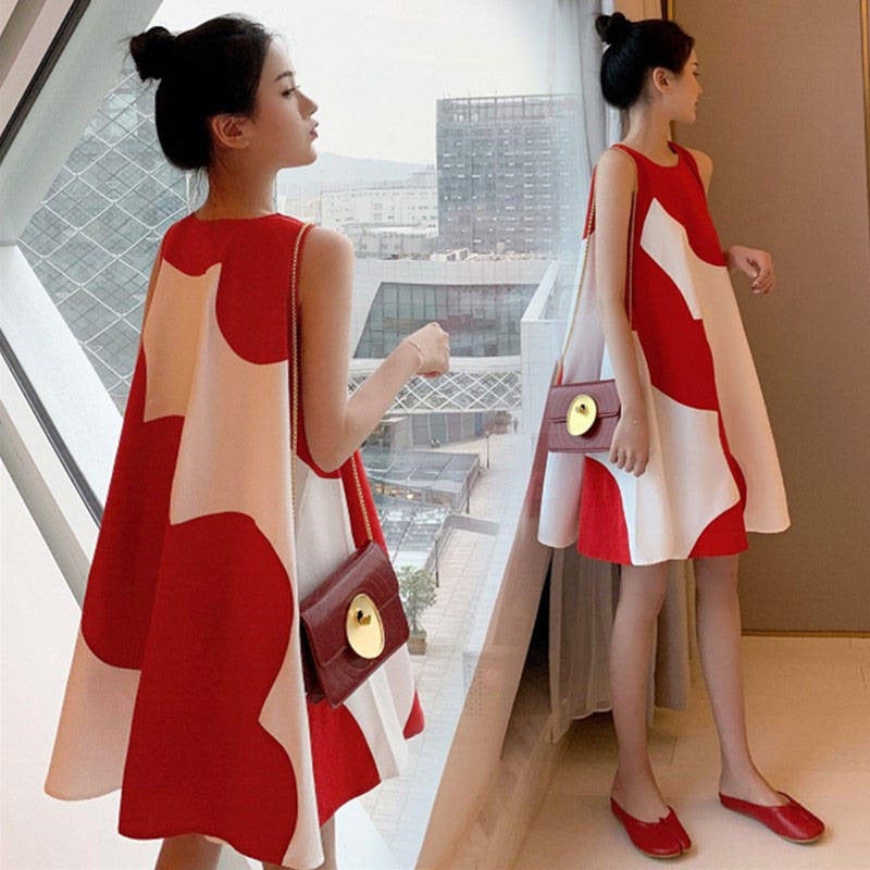 Maternity clothes dress Korean style plus size womens clothing dress summer loose chubby girl sleeveless mid-length dress women Red  - Image 1