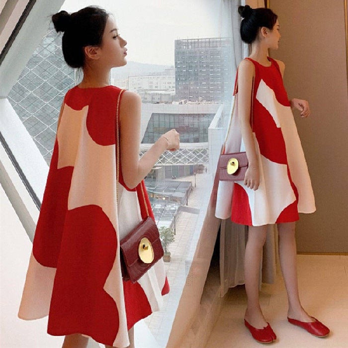 Maternity clothes dress Korean style plus size womens clothing dress summer loose chubby girl sleeveless mid-length dress women Red  - Image 5