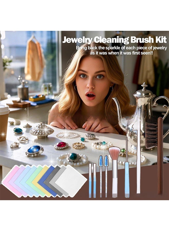 18 Pcs Jewelry Cleaning Kit, Jewelry Cleaner Brush Tool Set-Cleaning Polishing Cloth, Bigu0026Small Hole Brush, Needles and Crevice Brush for All Jewelry, Ring, Gold, Diamond, Earring, Sterling Silver - Image 2