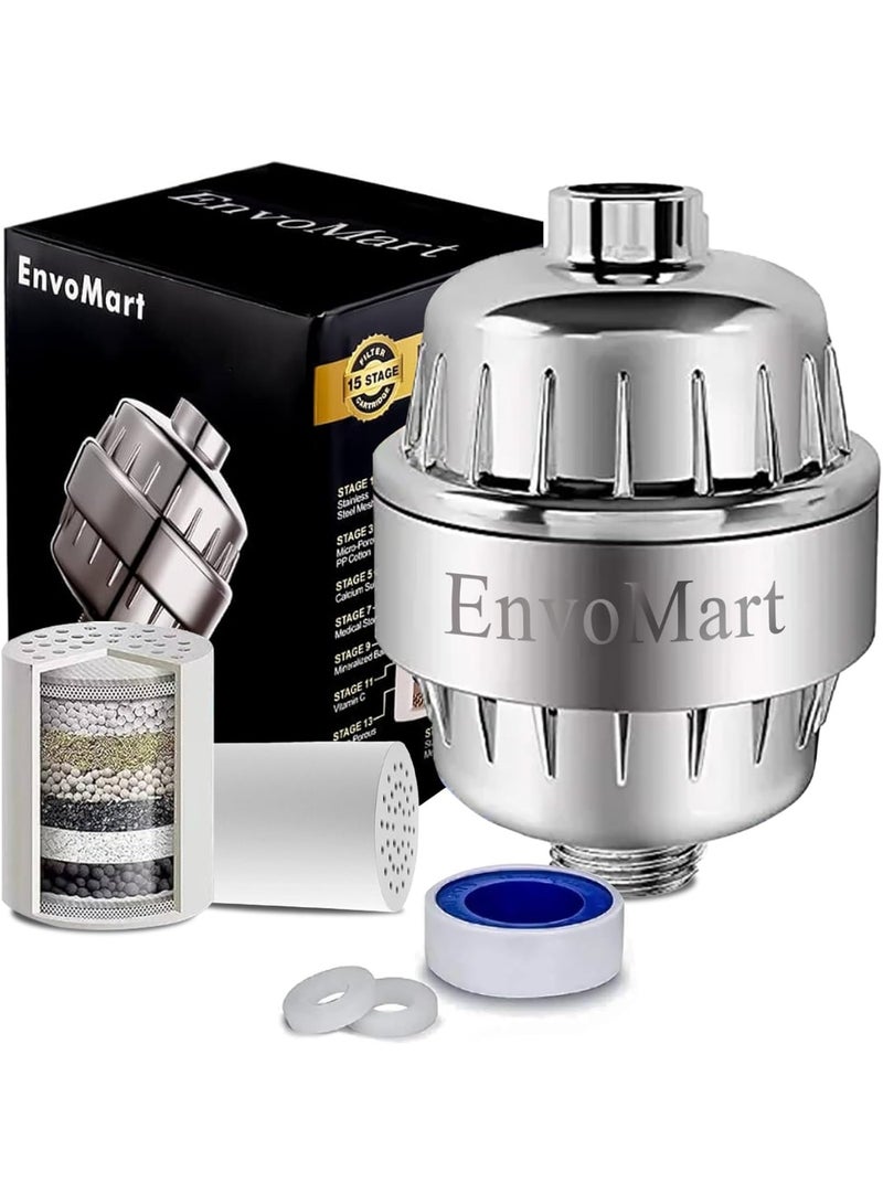 EnvoMart 15 Stage Shower Filter with Anti Hair Fall Feature - Ideal for Hard Water, Chlorine, and Impurity Removal - Shower Head Filter with KDF & Calcium Sulphite Beans (Single Cartridge)  - Image 1