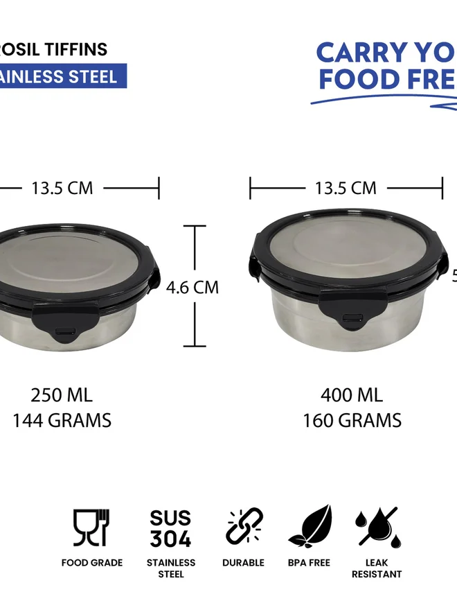 بوروسيل طقم علب غداء دائرية من الستانلس ستيل بخمس قطع مع حقيبة حمل