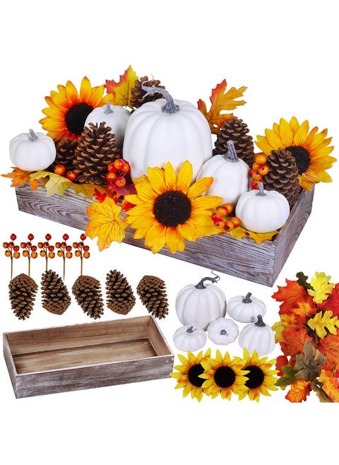 Winlyn Bulk Assorted Artificial White Pumpkins Fall Centerpiece Artificial Maple Leaves in Rectangle Whitewashed Wooden Box Fall Thanksgiving Table Decoration