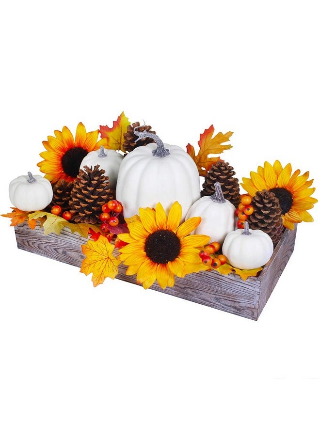 Winlyn Bulk Assorted Artificial White Pumpkins Fall Centerpiece Artificial Maple Leaves in Rectangle Whitewashed Wooden Box Fall Thanksgiving Table Decoration