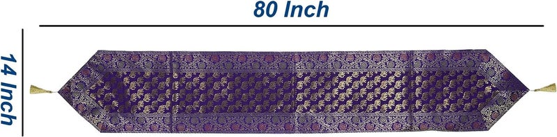 E - Ezra E Ezra Traditional Brocade Silk Table Runner for Living Room 4 to 6 Seater Dining Table Runner Elephant End Tassels 14x80 Inches Purple - Image 3
