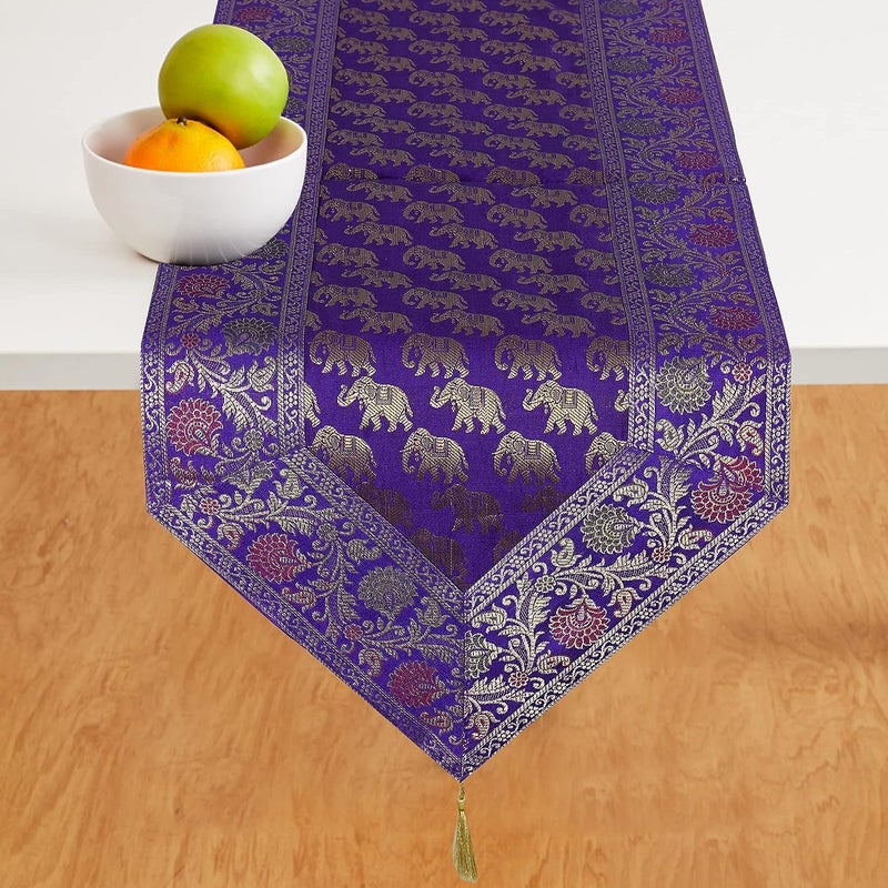 E - Ezra E Ezra Traditional Brocade Silk Table Runner for Living Room 4 to 6 Seater Dining Table Runner Elephant End Tassels 14x80 Inches Purple - Image 2