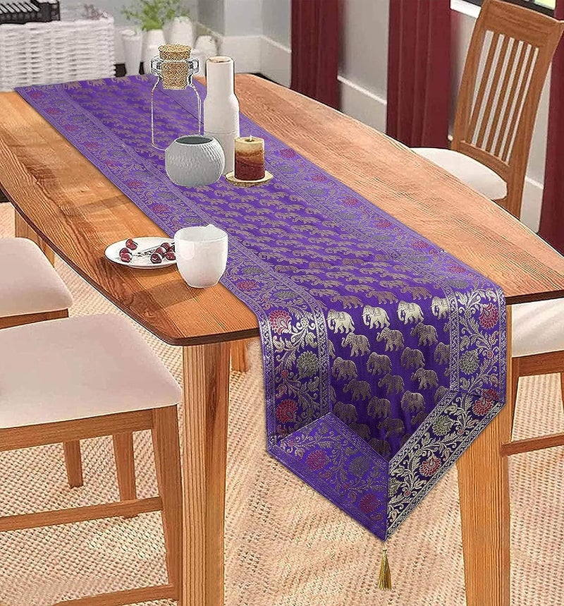 E - Ezra E Ezra Traditional Brocade Silk Table Runner for Living Room 4 to 6 Seater Dining Table Runner Elephant End Tassels 14x80 Inches Purple - Image 1