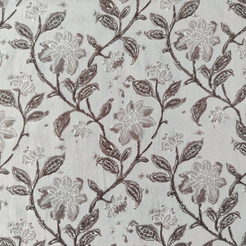 AVKA Studio Hand Block Print Fabric by The Yard - PRECUT 3 Yards 42 inch Width - 100% Cotton Material - Taupe Floral Pattern - Light Weight Indian Cloth for Making Kurti Summer Dress Salwar Kameez etc - Image 1