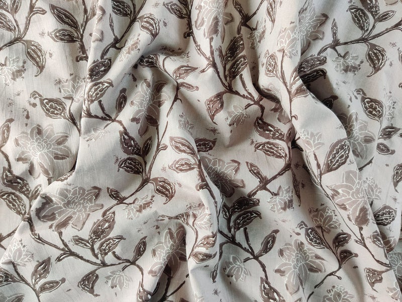 AVKA Studio Hand Block Print Fabric by The Yard - PRECUT 3 Yards 42 inch Width - 100% Cotton Material - Taupe Floral Pattern - Light Weight Indian Cloth for Making Kurti Summer Dress Salwar Kameez etc - Image 3