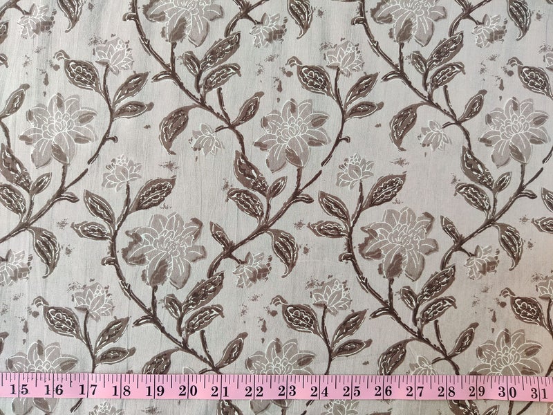 AVKA Studio Hand Block Print Fabric by The Yard - PRECUT 3 Yards 42 inch Width - 100% Cotton Material - Taupe Floral Pattern - Light Weight Indian Cloth for Making Kurti Summer Dress Salwar Kameez etc - Image 2