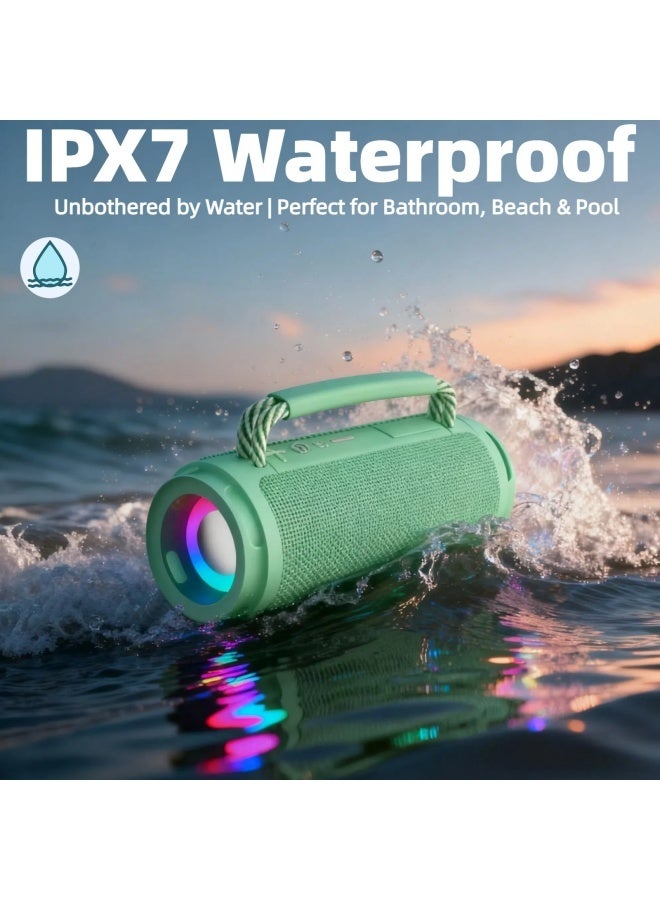 Portable Wireless Bluetooth Speaker with HD Sound, Bluetooth 5.4, 15W Dual Speaker, 16H Playtime, IPX7 Waterproof and Drop-Proof, TWS Pairing, for Outdoor/Home/Party/Beach (Round) - Green - Image 2