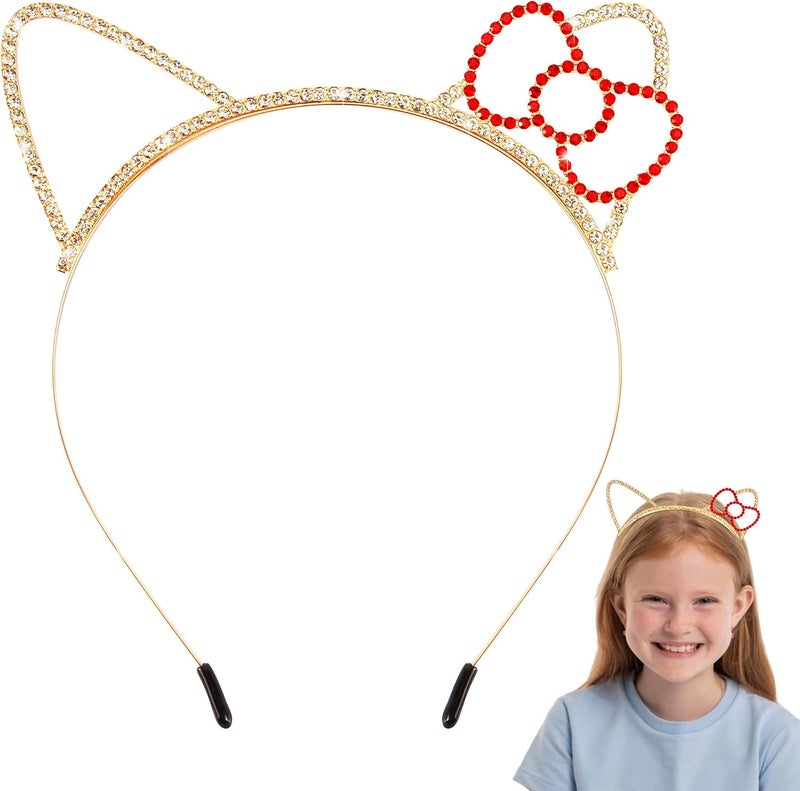 Chanaco Cat Ears Headbands Kitty Party Favors Birthday Decorations Metal Rhinestones Gabby Gold Hair Accessories Red Bow Cat Headpieces Cute Gifts - Image 1