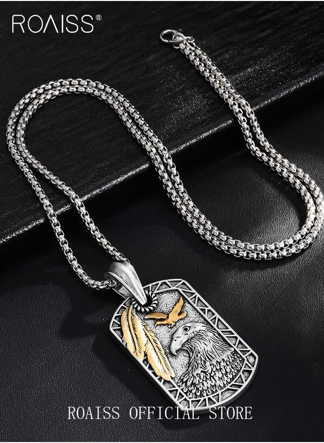 roaiss Eagle Gold Feather Shield Necklace for Men Alloy Two Color Retro Dog Tag Pendant Classic Fashion Personalized Silver Long Chain Punk Rock Hip Hop Style Jewelry Gift  - Image 5