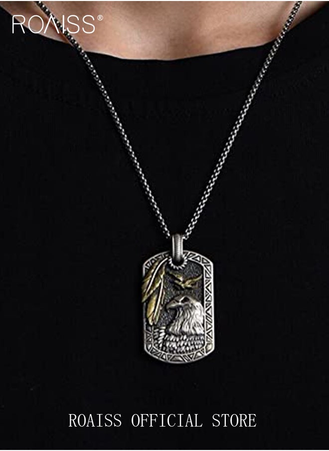 roaiss Eagle Gold Feather Shield Necklace for Men Alloy Two Color Retro Dog Tag Pendant Classic Fashion Personalized Silver Long Chain Punk Rock Hip Hop Style Jewelry Gift  - Image 2