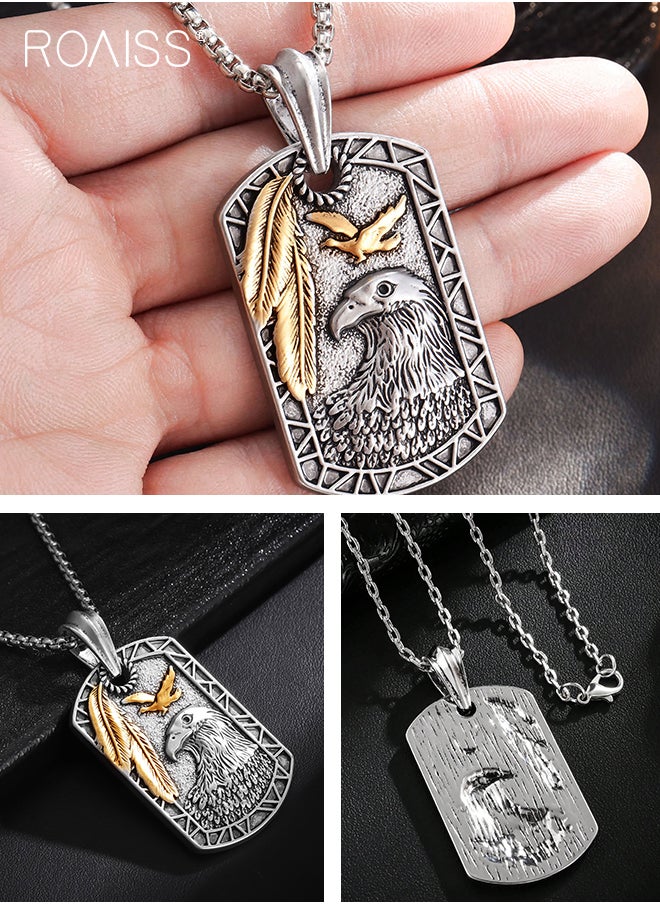 roaiss Eagle Gold Feather Shield Necklace for Men Alloy Two Color Retro Dog Tag Pendant Classic Fashion Personalized Silver Long Chain Punk Rock Hip Hop Style Jewelry Gift  - Image 4