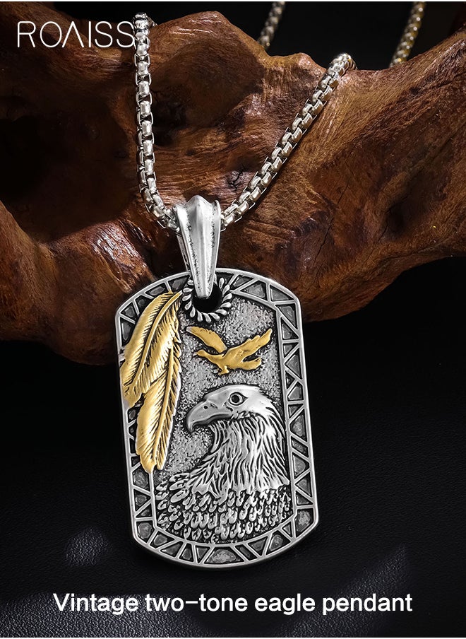roaiss Eagle Gold Feather Shield Necklace for Men Alloy Two Color Retro Dog Tag Pendant Classic Fashion Personalized Silver Long Chain Punk Rock Hip Hop Style Jewelry Gift  - Image 3