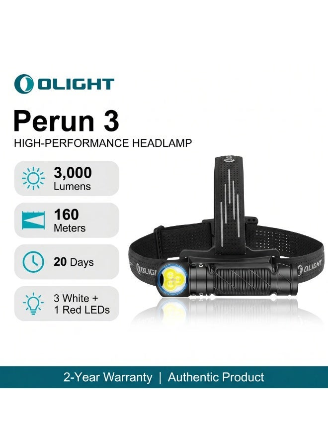 OLIGHT Perun 3 Rechargeable Headlamp Flashlight, 3000 Lumens LED Headlight with Red Light, Waterproof Head Lamp with Headband for Outdoor Camping, Hiking, Working(Black) - Image 1
