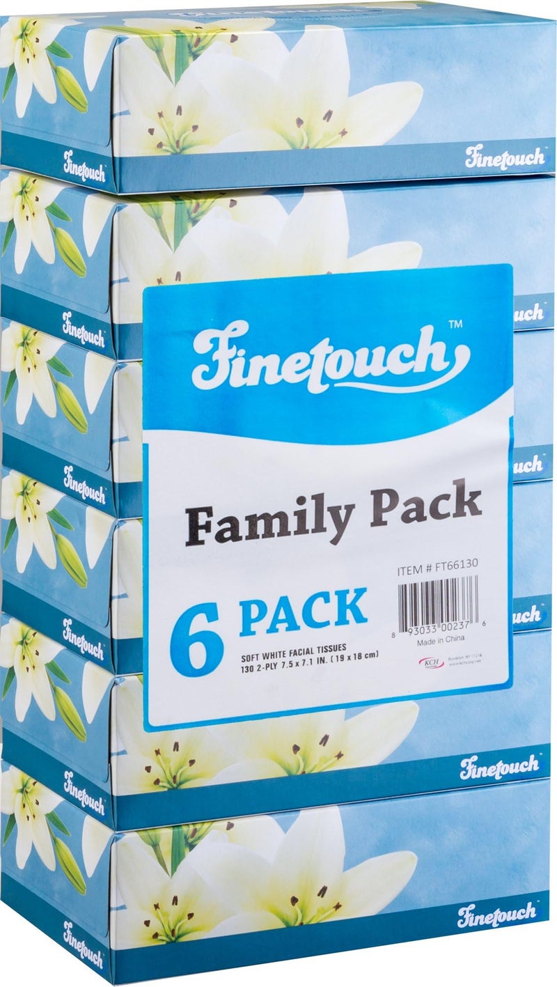 Fine Touch Finetouch 2-Ply Facial Tissues – 6 Boxes of 130 Soft Tissues (780 Total) – Strong & Gentle Tissue for Home, Office, or Travel Use - Image 1