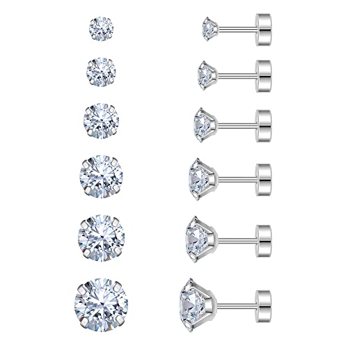Monily Flat Back Stud Earrings for Women Cartilage Earrings Surgical Steel Earrings CZ Studs 6 Pairs 18G - Image 1