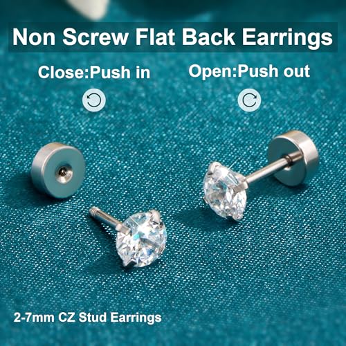 Monily Flat Back Stud Earrings for Women Cartilage Earrings Surgical Steel Earrings CZ Studs 6 Pairs 18G - Image 5