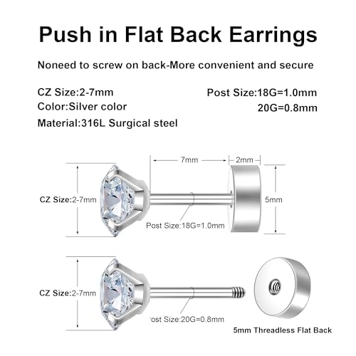 Monily Flat Back Stud Earrings for Women Cartilage Earrings Surgical Steel Earrings CZ Studs 6 Pairs 18G - Image 4