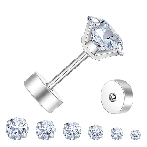 Monily Flat Back Stud Earrings for Women Cartilage Earrings Surgical Steel Earrings CZ Studs 6 Pairs 18G - Image 3