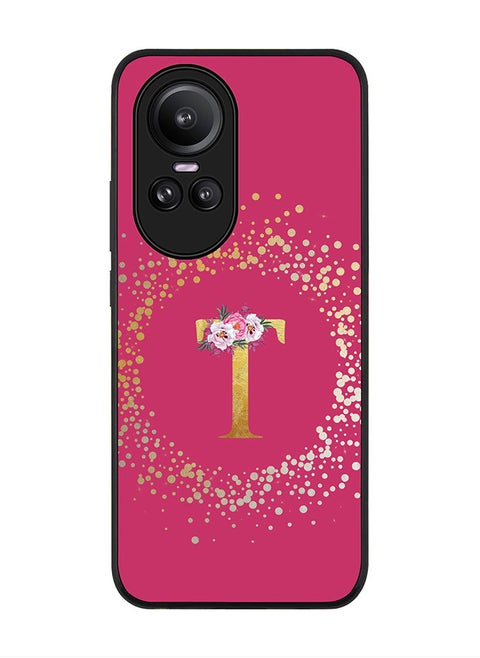 Rugged Black Edge case for Oppo Reno10 / Oppo Reno10 Pro, Slim fit Flexible   Custom Monogram Initial Letter Floral Pattern Alphabet - T (Dark Pink Rose)