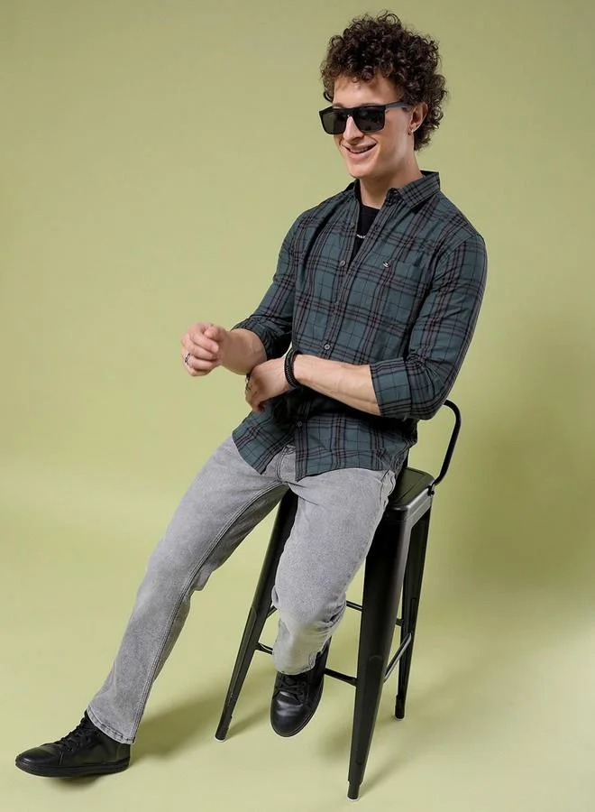The Indian Garage Co The Indian Garage Co Men Dark Green Slim Fit Checked Casual Shirt