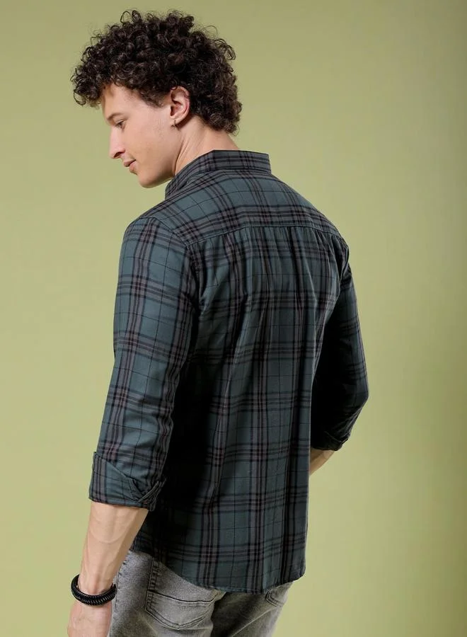 The Indian Garage Co The Indian Garage Co Men Dark Green Slim Fit Checked Casual Shirt