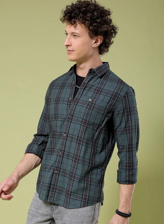 The Indian Garage Co The Indian Garage Co Men Dark Green Slim Fit Checked Casual Shirt