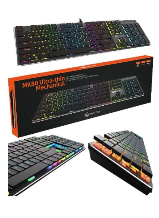 Meetion MEETION MK80 Ultrathin Mechanical RGB Backlit Gaming Keyboard – Ergonomic Full-Key Layout with Blue Mechanical Switches, Chocolate Low-Profile Keycaps, Full Anti-Ghosting, Gold-Plated USB for Stable Connectivity, Slim & Stylish Design – Black  - Image 1