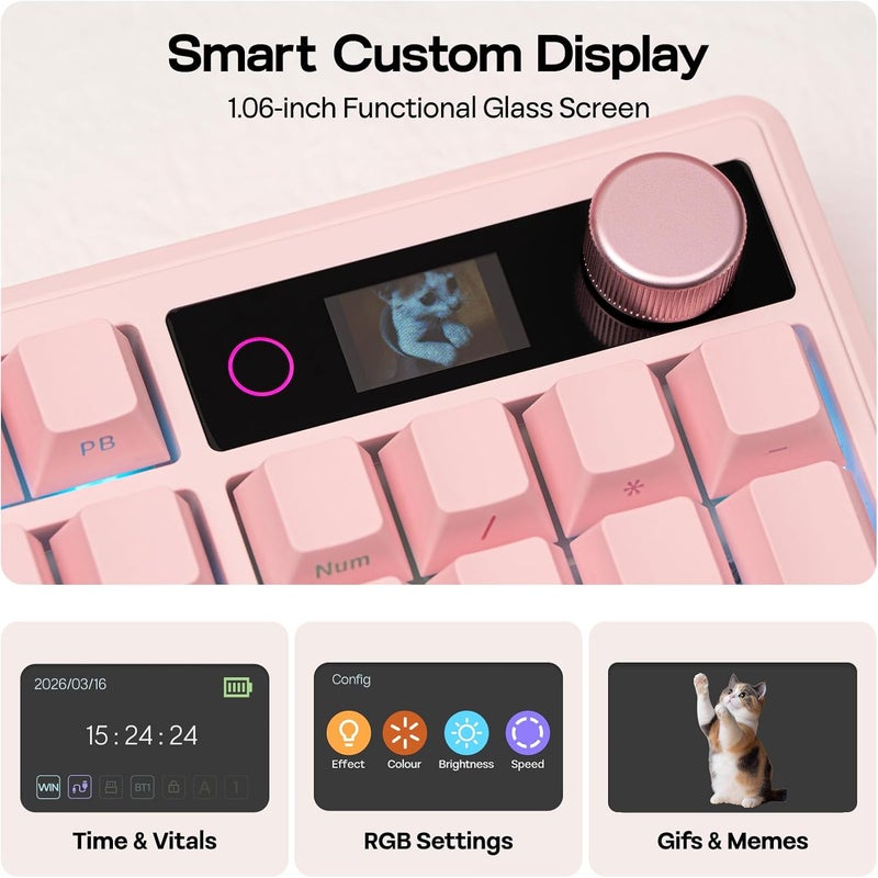 EPOMAKER TH108 V2 PRO Full Size Mechanical Keyboard with Screen&Knob, 10000mAh, BT/2.4Ghz, Mac Modifier PBT Keycap, Hot Swap, RGB, Gasket, Wireless Gaming Keyboard for Mac/PC (Pink, Creamy Jade) - Image 3