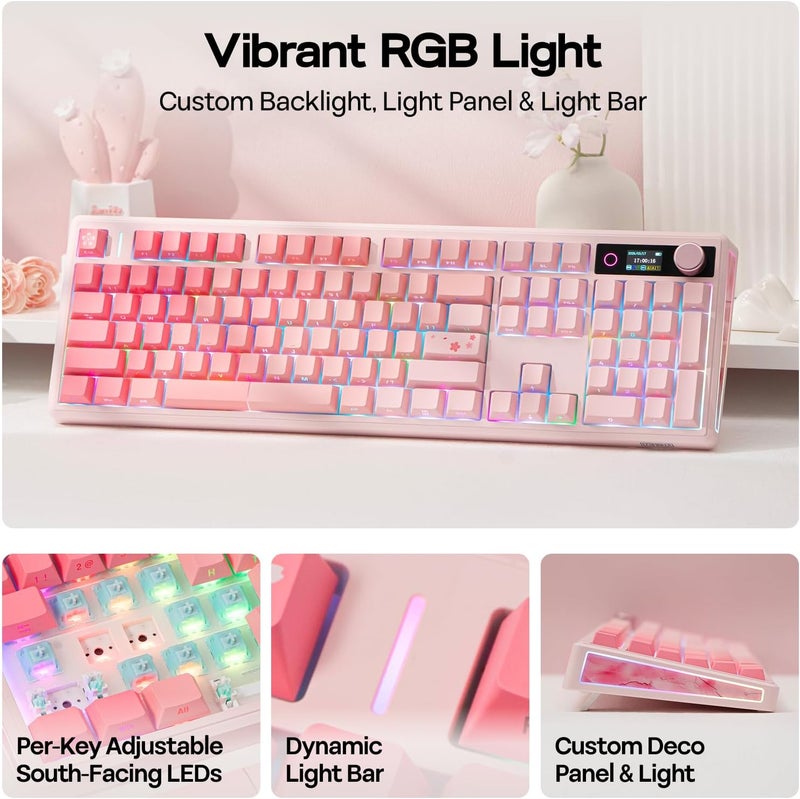 EPOMAKER TH108 V2 PRO Full Size Mechanical Keyboard with Screen&Knob, 10000mAh, BT/2.4Ghz, Mac Modifier PBT Keycap, Hot Swap, RGB, Gasket, Wireless Gaming Keyboard for Mac/PC (Pink, Creamy Jade) - Image 4