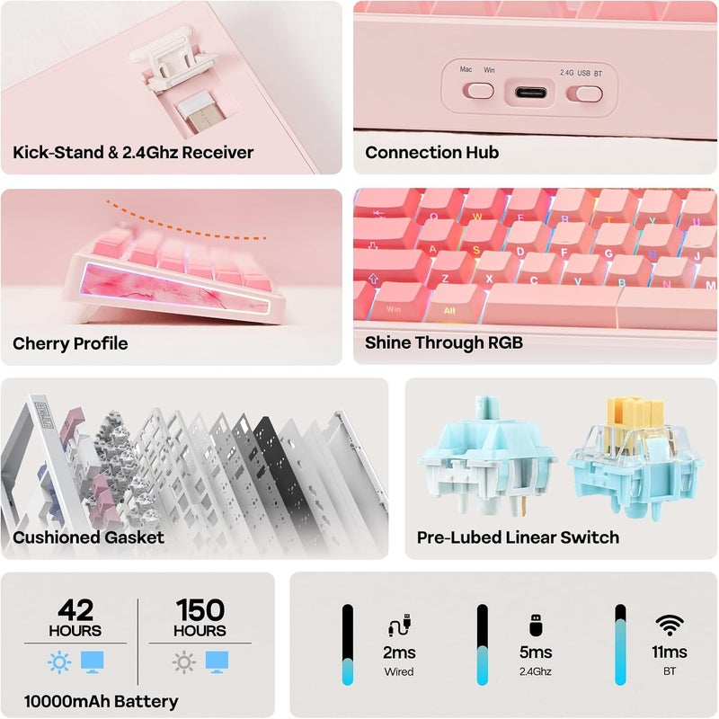 EPOMAKER TH108 V2 PRO Full Size Mechanical Keyboard with Screen&Knob, 10000mAh, BT/2.4Ghz, Mac Modifier PBT Keycap, Hot Swap, RGB, Gasket, Wireless Gaming Keyboard for Mac/PC (Pink, Creamy Jade) - Image 2