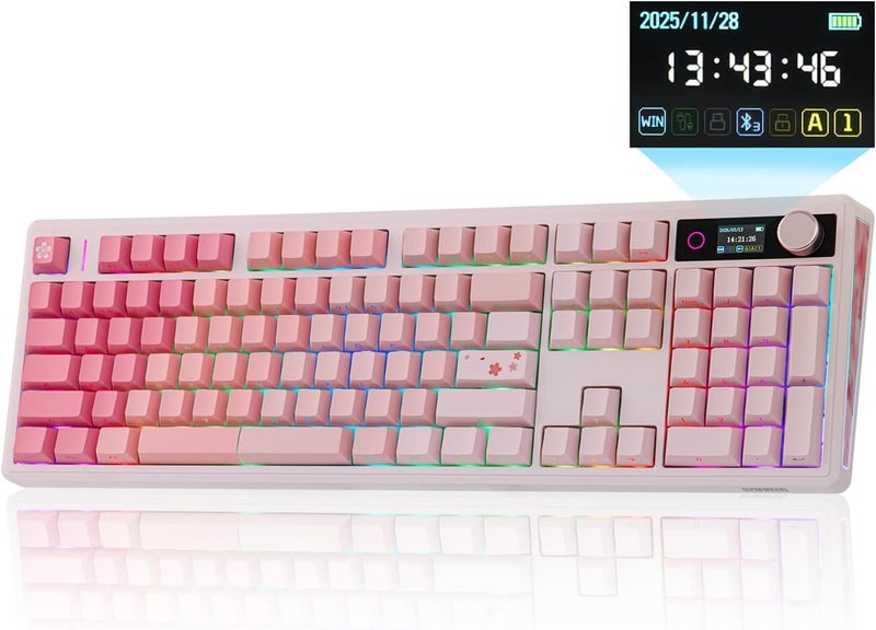 EPOMAKER TH108 V2 PRO Full Size Mechanical Keyboard with Screen&Knob, 10000mAh, BT/2.4Ghz, Mac Modifier PBT Keycap, Hot Swap, RGB, Gasket, Wireless Gaming Keyboard for Mac/PC (Pink, Creamy Jade) - Image 1